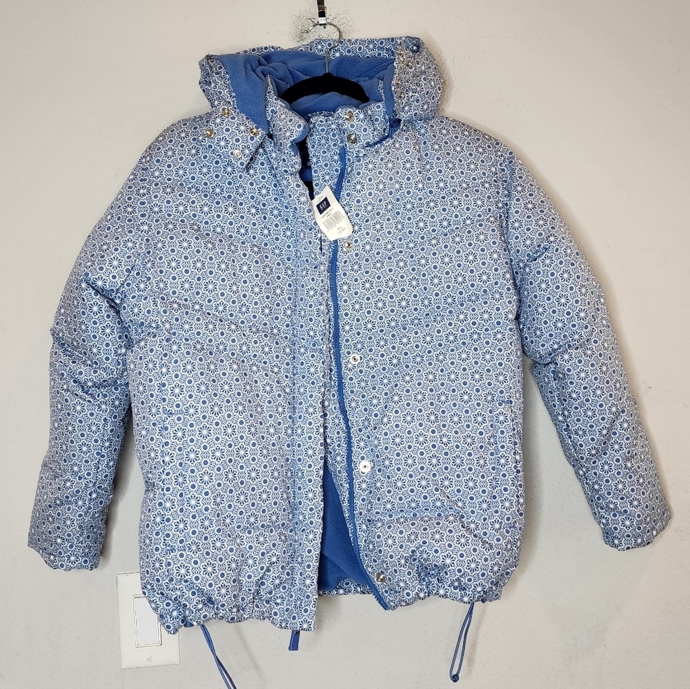 NWT Gap Kids Down Puffer Coat. Blue white floral. Size‎ XL (12).